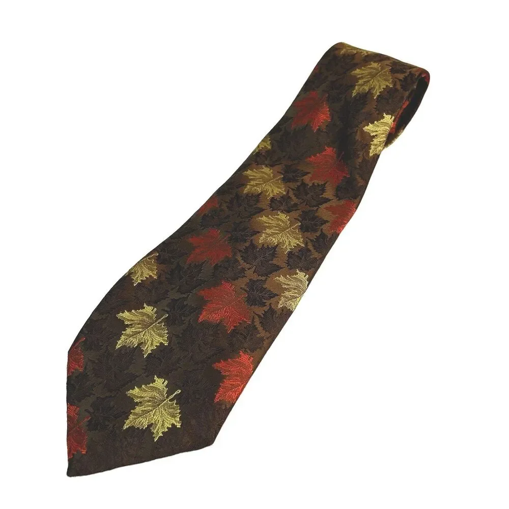 Trevira Italy Men’s Brown Orange Gold Vintage Maple Leaf Print Tie